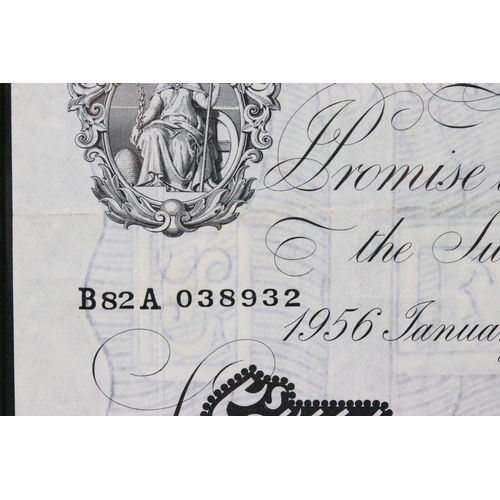 39 - A Bank of England white five pound note, Jan 12th 1956, L.K. O'Brien, serial No B 82 A 038932.