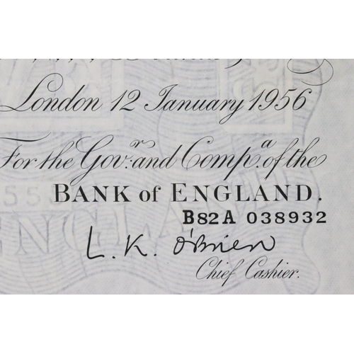 39 - A Bank of England white five pound note, Jan 12th 1956, L.K. O'Brien, serial No B 82 A 038932.