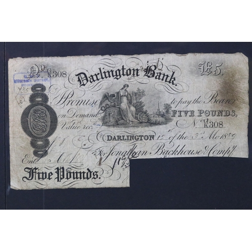 40 - A Darlington Bank white five pound note, May 3rd 1889, serial No K308.