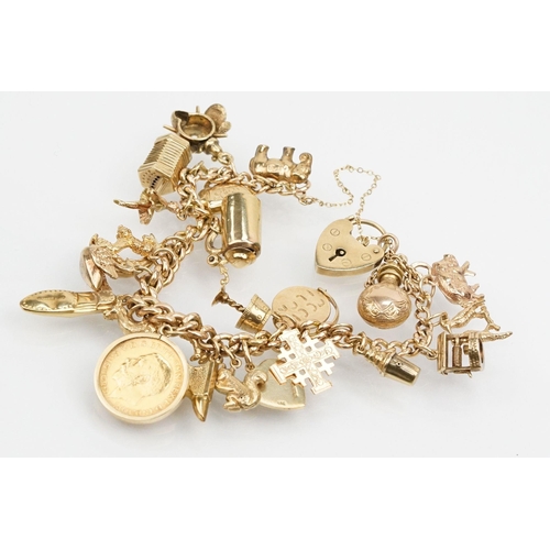 15 - 9ct gold curb link charm bracelet with heart padlock clasp. Together with 18 9ct gold hallmarked cha... 