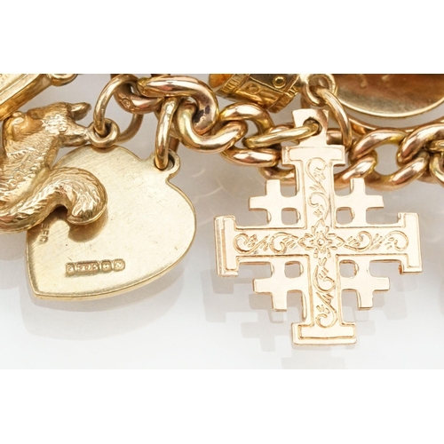 15 - 9ct gold curb link charm bracelet with heart padlock clasp. Together with 18 9ct gold hallmarked cha... 