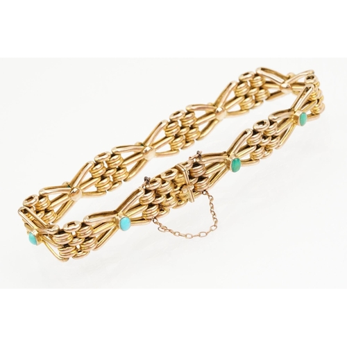 17 - Early 20th century 9ct gold and turquoise bracelet having a fancy link chain set with turquoise cabo... 