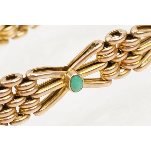 17 - Early 20th century 9ct gold and turquoise bracelet having a fancy link chain set with turquoise cabo... 