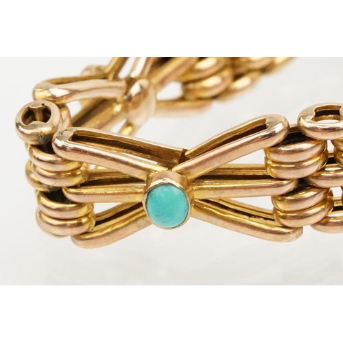 17 - Early 20th century 9ct gold and turquoise bracelet having a fancy link chain set with turquoise cabo... 