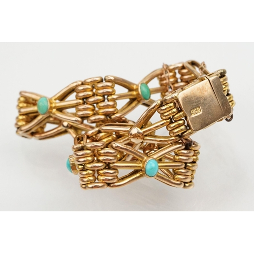 17 - Early 20th century 9ct gold and turquoise bracelet having a fancy link chain set with turquoise cabo... 