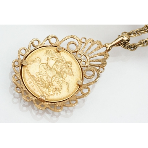 210 - 9ct gold pendant necklace set with a Victorian 1894 full sovereign coin. The pierced pendant mount h... 