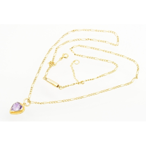 27 - 9ct gold fine link figaro chain necklace with amethyst set heart pendant. Clasp marked 9ct. Chain me... 