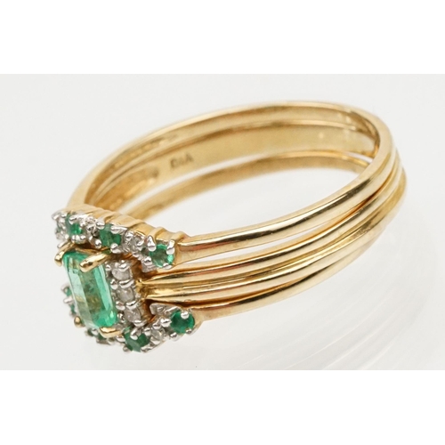 37 - Brooks and Bentley trio of 9ct gold, emerald and diamond rings. The lot to include a ring set with a... 