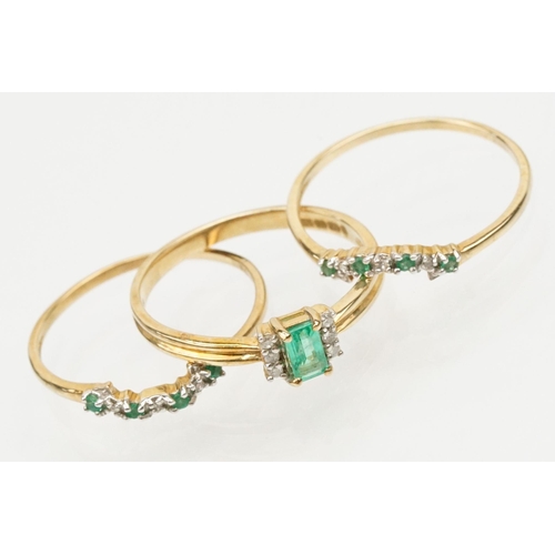 37 - Brooks and Bentley trio of 9ct gold, emerald and diamond rings. The lot to include a ring set with a... 