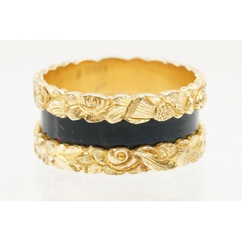 5 - 19th Century William IV 18ct gold and black enamel mourning ring having moulded borders decorated wi... 