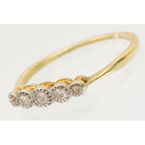 79 - 18ct gold and diamond five stone ring having five round brilliant cut diamonds in millegrain setting... 