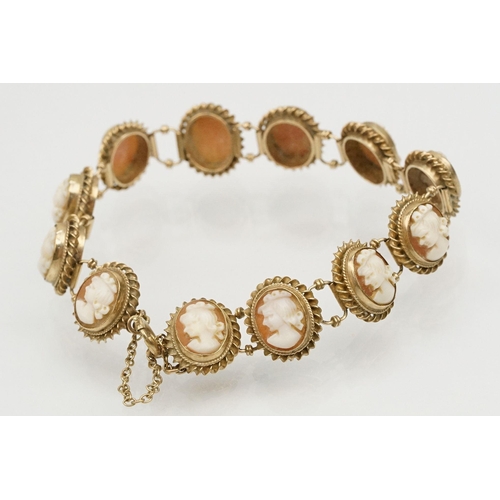 82 - 9ct gold cameo bracelet constructed from carved shell cameos in rope twist mounts with spring ring c... 