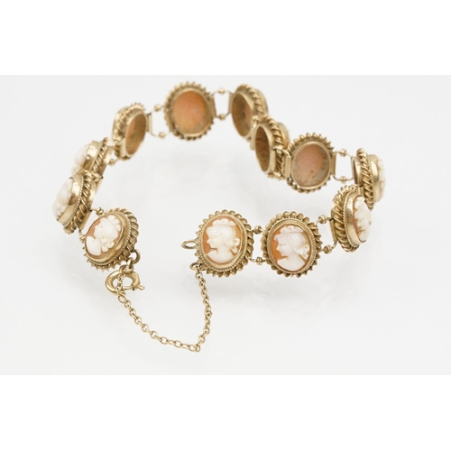 82 - 9ct gold cameo bracelet constructed from carved shell cameos in rope twist mounts with spring ring c... 