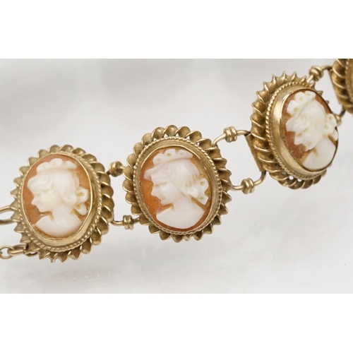 82 - 9ct gold cameo bracelet constructed from carved shell cameos in rope twist mounts with spring ring c... 