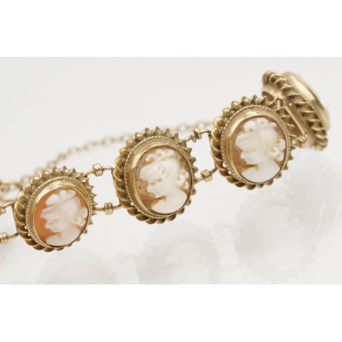 82 - 9ct gold cameo bracelet constructed from carved shell cameos in rope twist mounts with spring ring c... 