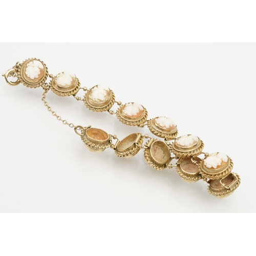 82 - 9ct gold cameo bracelet constructed from carved shell cameos in rope twist mounts with spring ring c... 