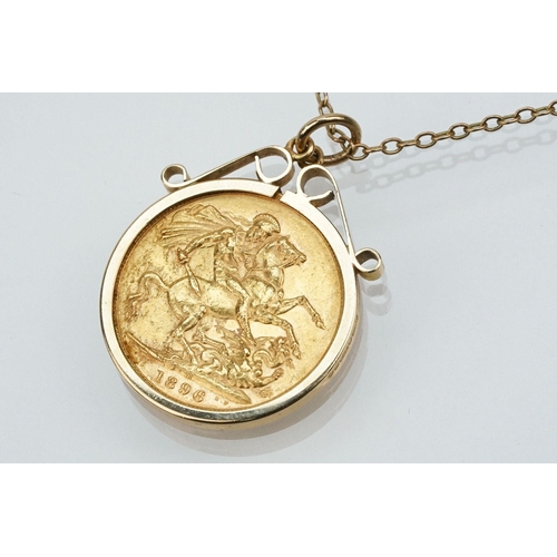 94 - Victorian 1896 full old head sovereign set within a 9ct gold mount with a fine link necklace chain. ... 