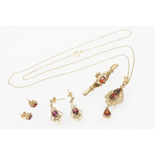 101 - Suite of 9ct gold and garnet jewellery to include a pendant necklace with fine link chain and scroll... 