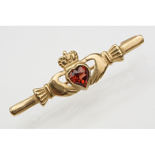 101 - Suite of 9ct gold and garnet jewellery to include a pendant necklace with fine link chain and scroll... 