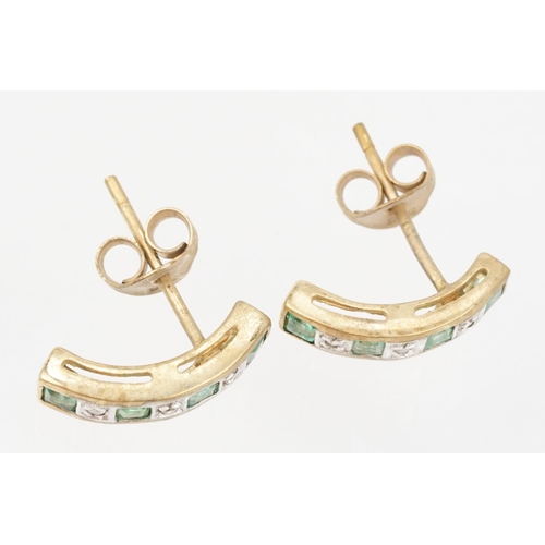 102 - 9ct gold emerald and diamond jewellery to include a pair of emerald and diamond half hoop earrings (... 