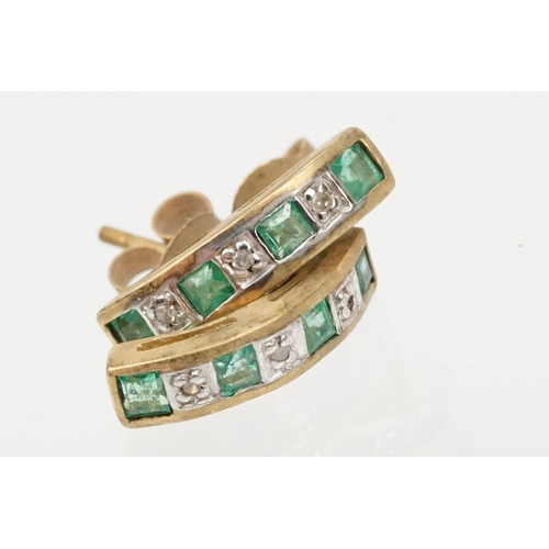 102 - 9ct gold emerald and diamond jewellery to include a pair of emerald and diamond half hoop earrings (... 