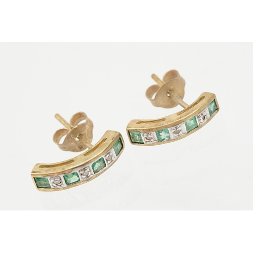 102 - 9ct gold emerald and diamond jewellery to include a pair of emerald and diamond half hoop earrings (... 