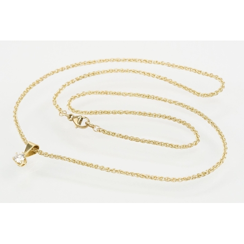 105 - 18ct gold and diamond pendant set to a 9ct gold wheat link necklace chain. Diamond estimated 0.20ct,... 