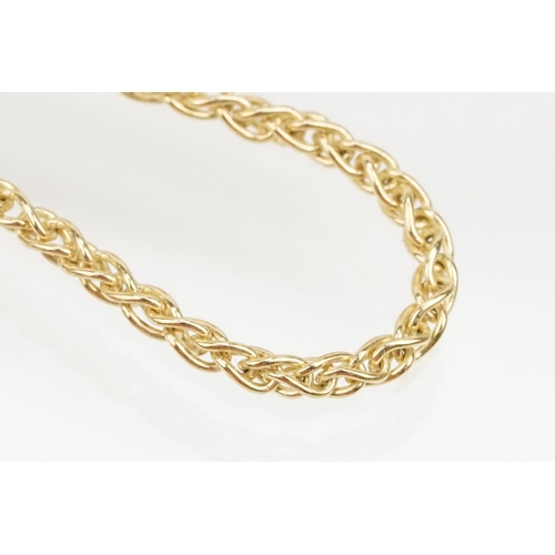 105 - 18ct gold and diamond pendant set to a 9ct gold wheat link necklace chain. Diamond estimated 0.20ct,... 