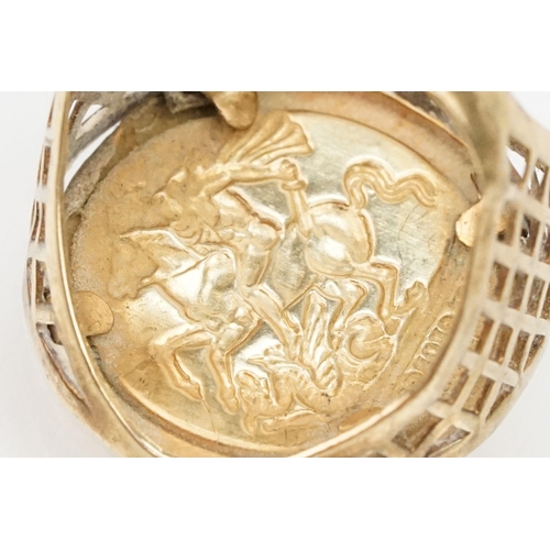 108 - Two 9ct gold rings to include a George and the Dragon signet ring (hallmarked to shank, size R) and ... 