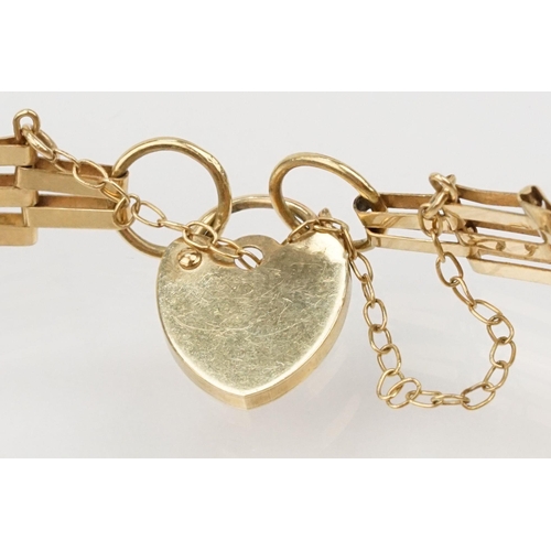 111 - Group of three 9ct gold bracelets to include a gate link bracelet with heart lock clasp (hallmarked ... 