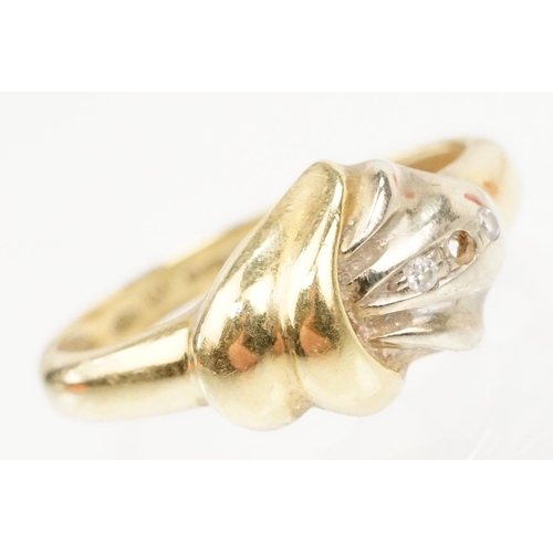 127 - Two gold diamond set rings to include a hallmarked 18ct gold knot design ring with diamond accent st... 