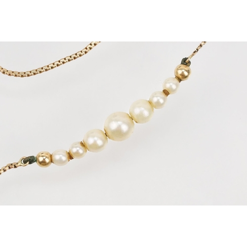 155 - 9ct gold and cultured pearl necklace with a fine gold chain threaded with cultured pearls (hallmarke... 