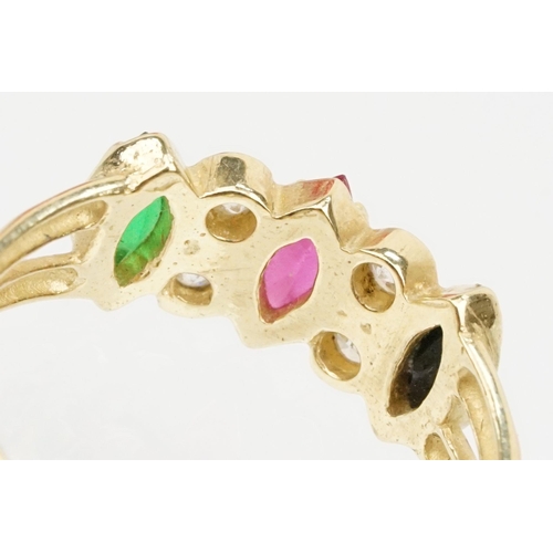 176 - 15ct gold gemstone set ring. The ring set with three marquise cut coloured stones to the head having... 