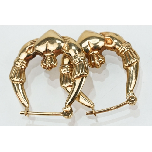 178 - Two pairs of 9ct gold Claddagh design hoop earrings with hinged posts. Both marked 375. Measures 2.5... 