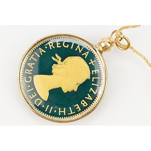 186 - 15ct gold wheat link chain with a 1955 enamelled two shilling coin. Chain with italian hallmark. Cha... 