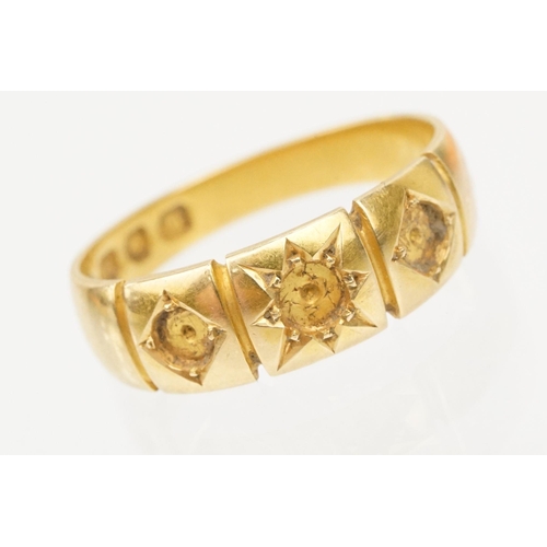 198 - Victorian 18ct gold ring (stones missing, hallmarked 1887, size M), together with a 22ct gold band r... 