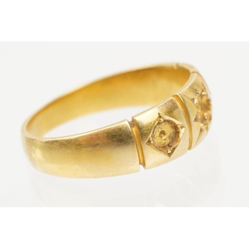 198 - Victorian 18ct gold ring (stones missing, hallmarked 1887, size M), together with a 22ct gold band r... 