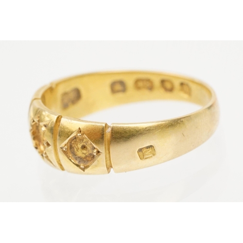 198 - Victorian 18ct gold ring (stones missing, hallmarked 1887, size M), together with a 22ct gold band r... 