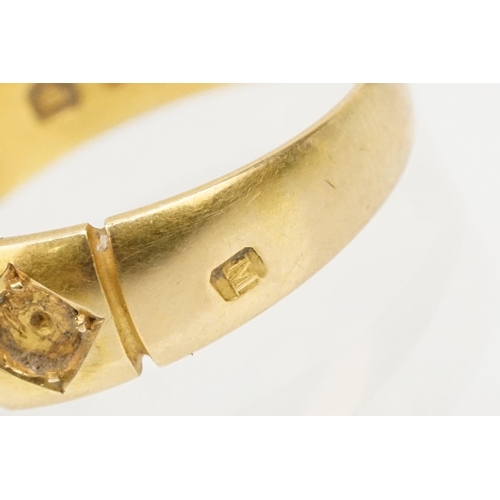 198 - Victorian 18ct gold ring (stones missing, hallmarked 1887, size M), together with a 22ct gold band r... 