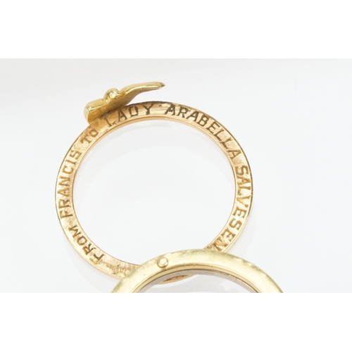 36 - 18ct gold tri tone ring constructed from three interlocking rings with clasped hands to the head, op... 