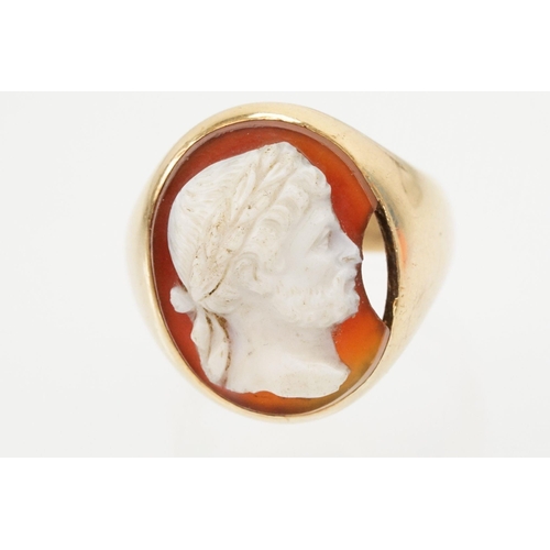 48 - 19th Century gold and carved agate cameo ring. The ring being set with an oval hand carved male came... 