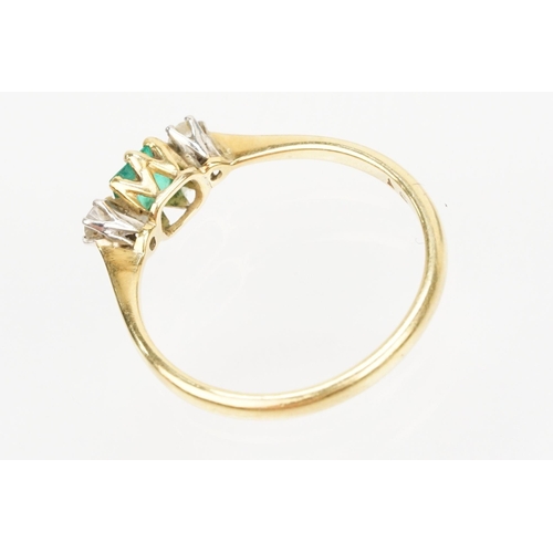 64 - 18ct gold diamond and emerald three stone ring. The ring being set with a square step cut emerald fl... 