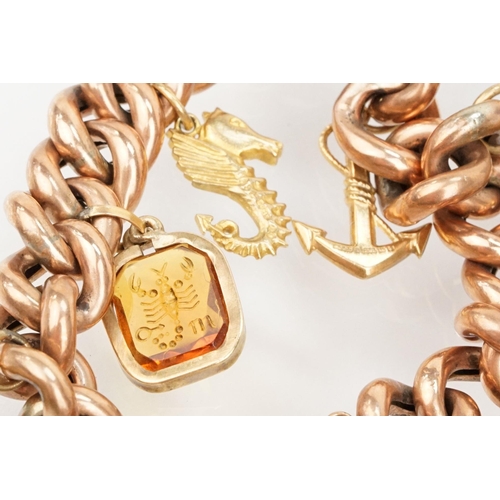 66 - 9ct gold charm bracelet having a rose gold bracelet chain with heart padlock clasp (marked 9ct to cl... 