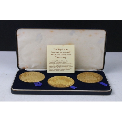 274 - A Royal Mint 300 Years of the Royal Greenwich Observatory three medallion set, gilt bronze, within f... 