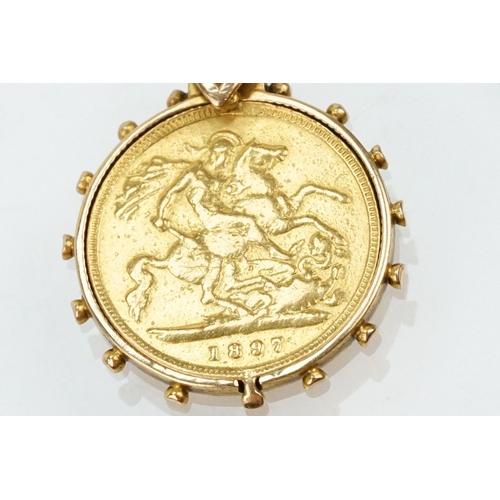 273 - 1897 half sovereign coin pendant set within a 15ct gold mount with diamond set bale, on a 9ct gold f... 