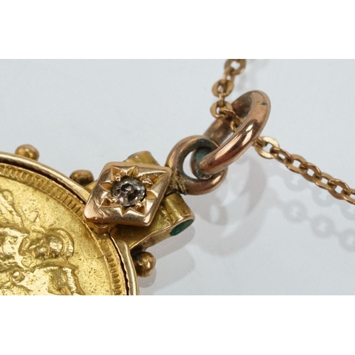 273 - 1897 half sovereign coin pendant set within a 15ct gold mount with diamond set bale, on a 9ct gold f... 