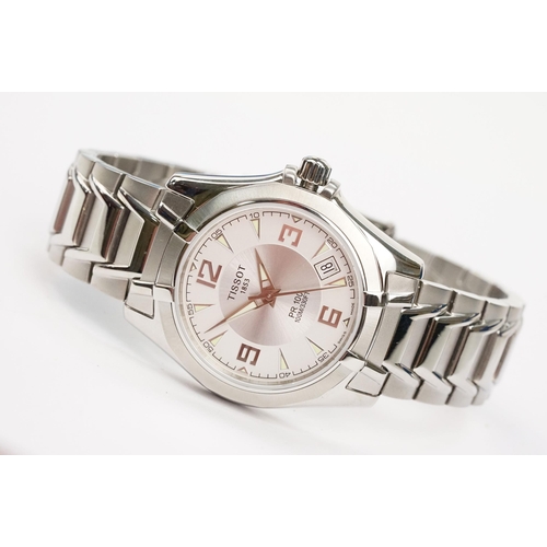 280 - Tissot PR 100 stainless steel wrist watch. The watch having a round face with white dial with arabic... 