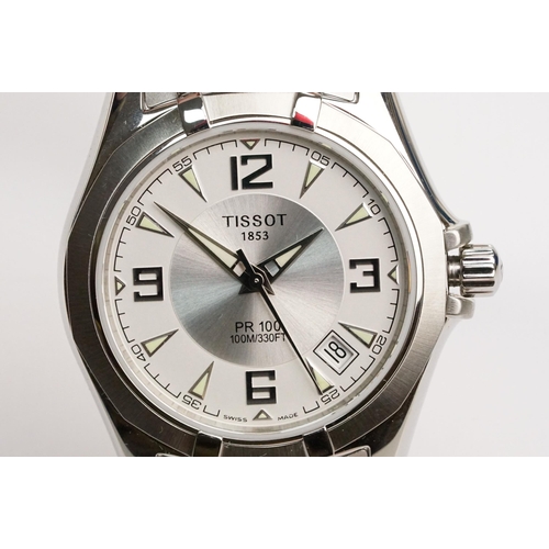 280 - Tissot PR 100 stainless steel wrist watch. The watch having a round face with white dial with arabic... 