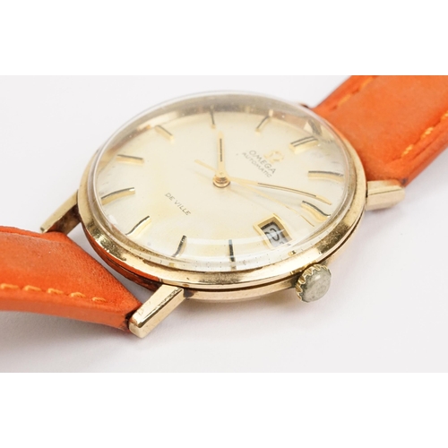 287 - Omega De Ville automatic wrist watch having a gilt face with baton markings to the chapter ring and ... 