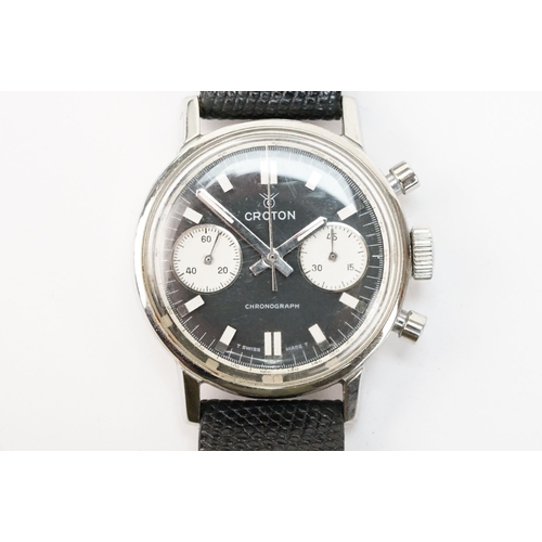 291 - Croton mid 20th Century chronograph wrist watch with reverse panda dial having a black face with two... 